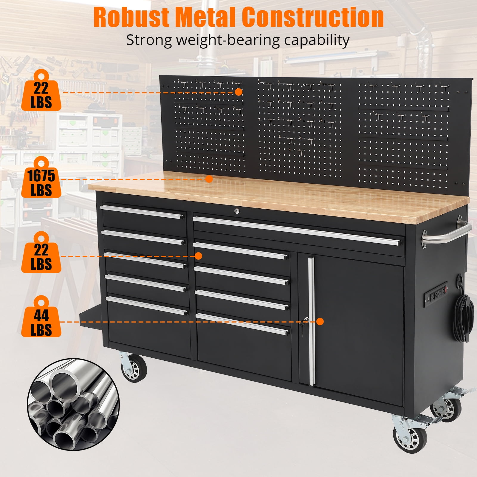 Tool Chest Workbench, 61-inch Rolling Tool Chest with Wheels, 10 Drawers, Multifunctional Tool Cart Mechanic Tool Storage Cabinet for Garage, Assembled Large Tool Box Storage Cabinet, Black