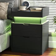 IDEALSOUL Black Nightstand with Charging Station, LED Nightstand with 3 Hidden Drawer Modern Bedside Table End Side Table Nightstands for Bedroom Living Room 25 Tall