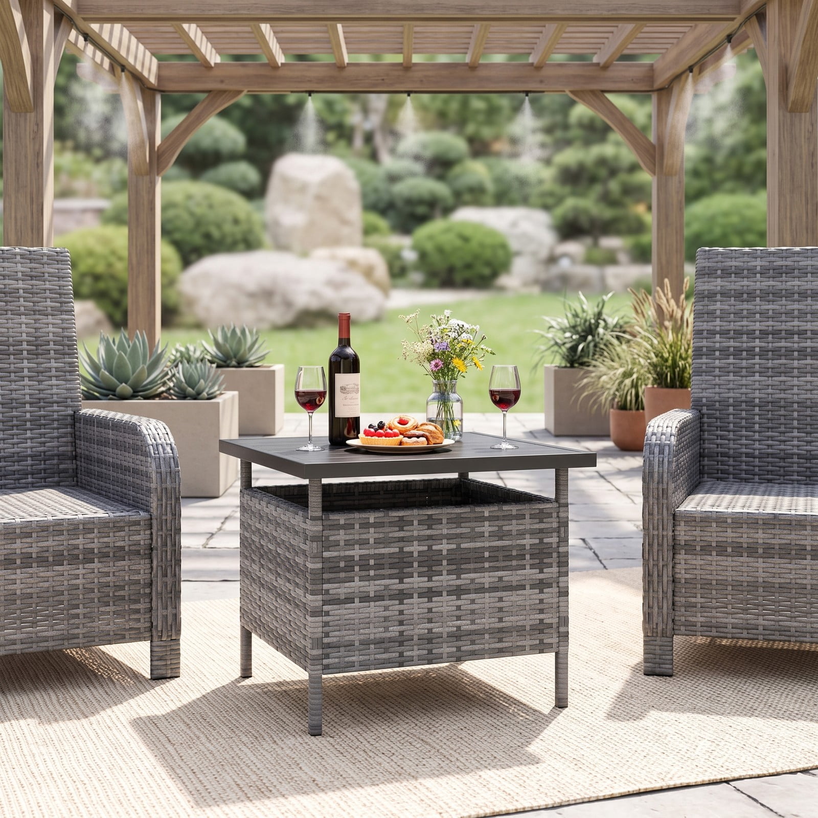 Furnibear Patio Square Wicker Side Table with Umbrella Hole, PE Rattan Outdoor End Table, Faux Wood Tabletop Metal Frame Coffee Table for Yard Garden Backyard, Gray