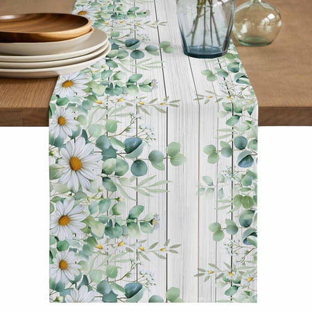 Table Runner 108 Inches Long for Kitchen Dining Green Eucalyptus Leaves Dresser Scarf Farmhouse Dining Table Decorations for Wedding/Parties Daisy Summer Botanical Wooden 13 x 108 In