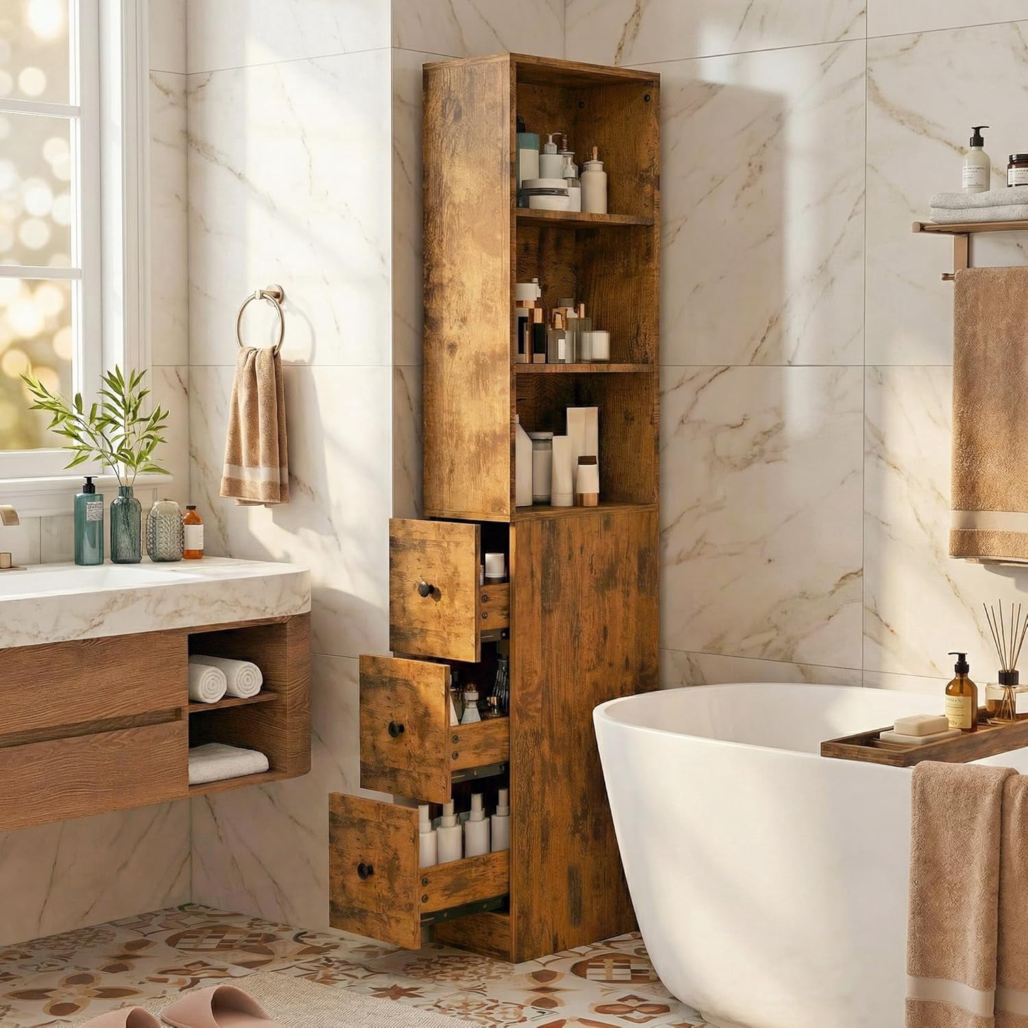 Storage Cabinet Tall Narrow Bathroom Organizer with 3-Level Adjustable Shelves Slim Free Standing Space Saver for Living Room Kitchen, Rustic