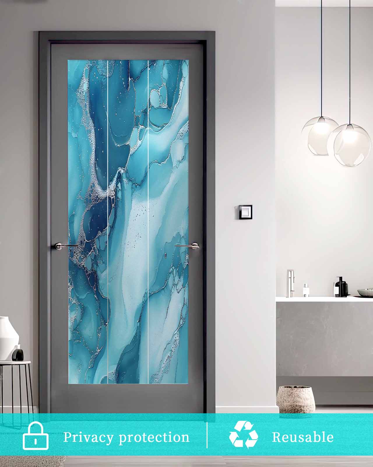 Window Privacy Film Blue Teal Marble Stained Glass Window Film Decorative Sun Block Window Cover Aesthetics Modernism Abstract Window Clings Static Adhesive Sticker for Bathroom 23.6"x59"