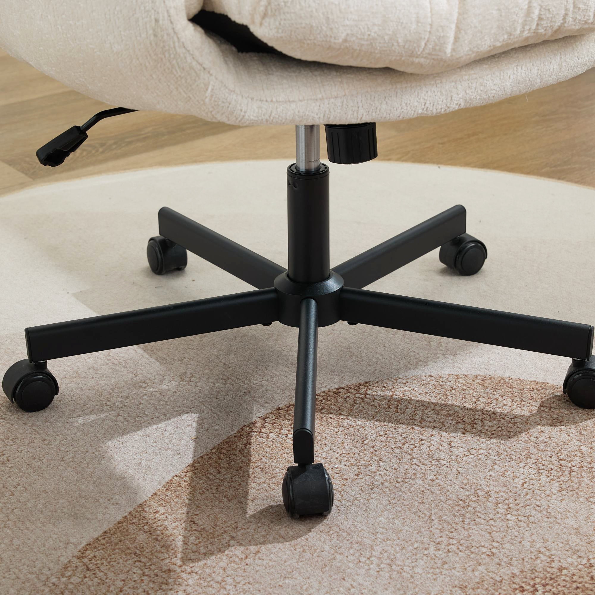 PORKISS Criss Cross Office Chair with Wheels and Foldable Arms, Wide Seat Chenille Swivel Desk Chair, Height Adjustable Vanity Chair for Home Office Bedroom, Beige