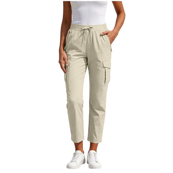 Admvng Womens Cargo Pants Summer Solid Pockets Elastic Waist Casual Pants