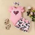 thumbnail image 2 of Newborn Baby Girl Summer Clothes Short Sleeve Heart Print Romper Bodysuit Camo Shorts Headband 3Pcs Set Cute Outfits Kaprioy Girls Summer Outfits, 2 of 6