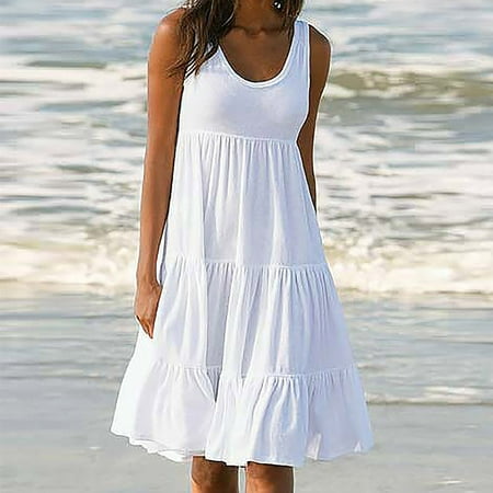 

cllios Casual Dress for Women Summer Solid Scoop Neck Tiered Loose Tank Dresses Sleeveless A-Line Comfy Midi Beach Dress