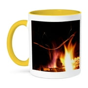 3dRose, Photograph of flickering flames from a fire in an outdoor fireplace., 11oz Two-Tone Yellow Mug