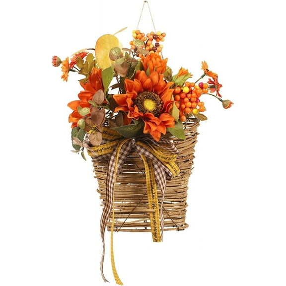 XEAZON Thanksgiving Sunflower Door Hanger Basket Wreath,12.6in Sunflower Simulation Flower Wreath, Christmas for Front Door, Farmhouse Wall Decor, Thanksgiving Wreath for Farmhouse Outdoor Porch