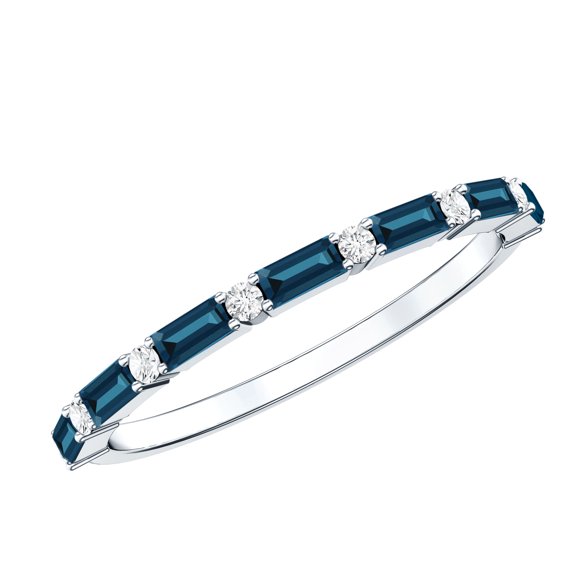 Rosec Jewels Baguette London Blue Topaz Half Eternity Ring (AAA Grade) - Real Blue Topaz Diamond Ring for 4th Anniversary, 925 Sterling Silver, US 4.00