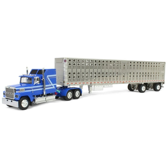 First Gear 1/64 Blue Ford LTL 9000 60in Aerodyne Sleeper & Wilson Livestock Trailer 60-1769