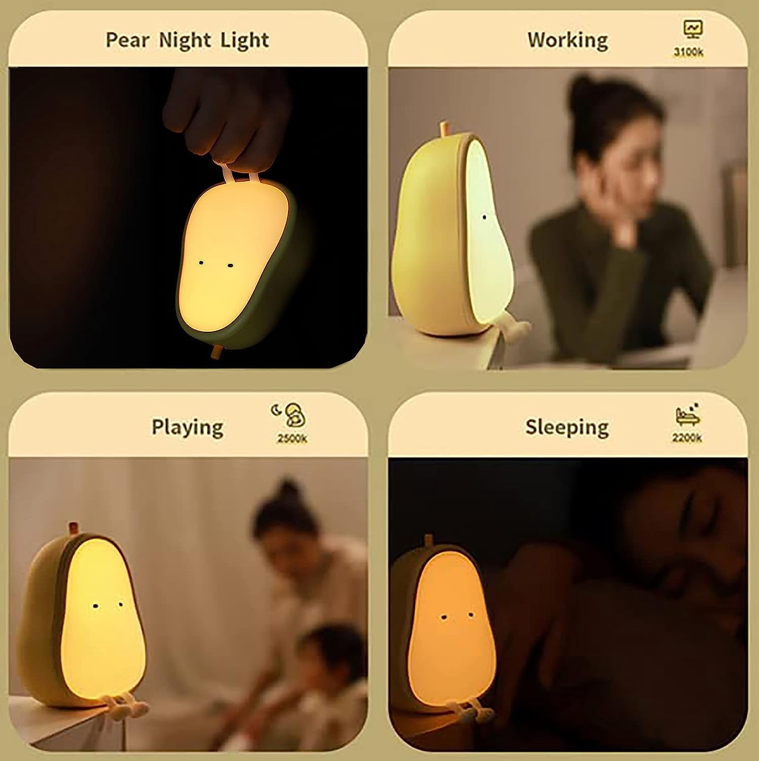 LINLIN Cute Night Light,Dimmable LED Pear Night Lamp Rechargeable Desk lamp BPA-Free ABS+Silicone Bedside Lamp Portable Bedroom Sleep Lamps,Desk Decor Lights for Baby Girls Boys