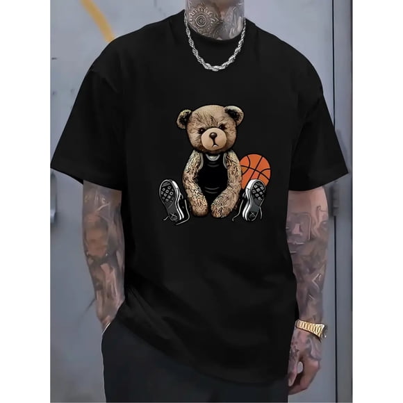 Playera de manga corta con cuello redondo y estampado gráfico de astronauta lunar de moda casual para hombres, ropa holgada de talla grande y cómoda