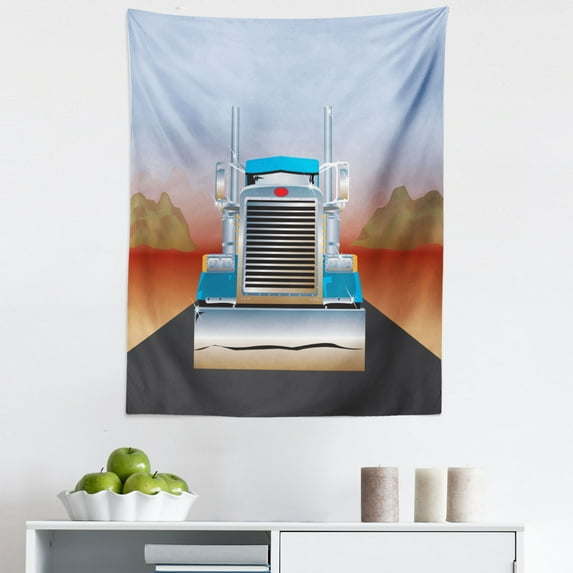 Trucks Tapestry, Animation Like Cartoon Illustration of Huge Vehicle on the Canyon Desert Road, Fabric Wall Hanging Decor for Bedroom Living Room Dorm, 5 Sizes, Multicolor, by Ambesonne