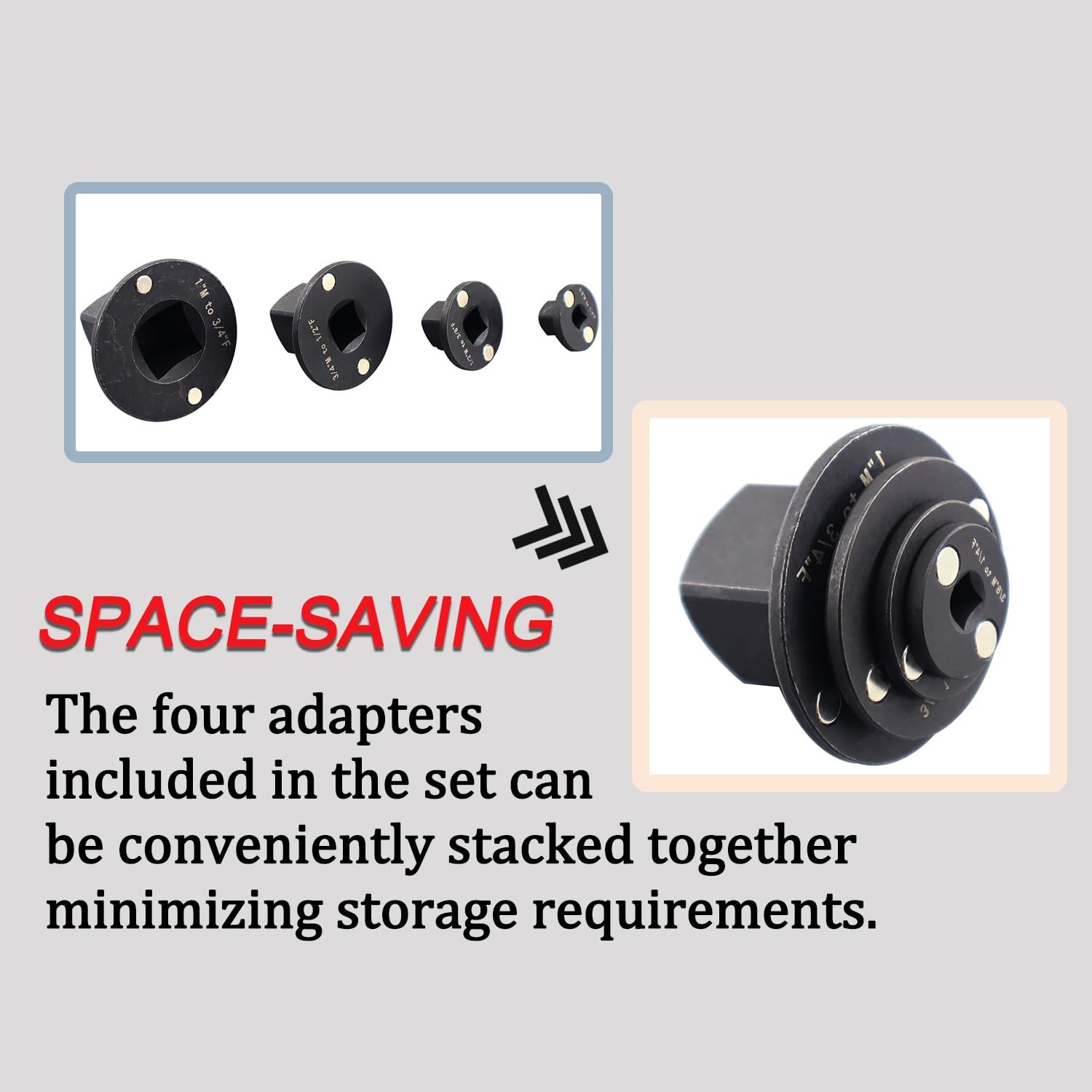 Low Profile Impact Socket Adapter Set, 4-Piece Drive Ratchet Adapter Kit for Tight Spaces, Includes 1/4", 3/8", 1/2", 3/4" to 1" Conversions, Ideal for Mechanics & DIY Use