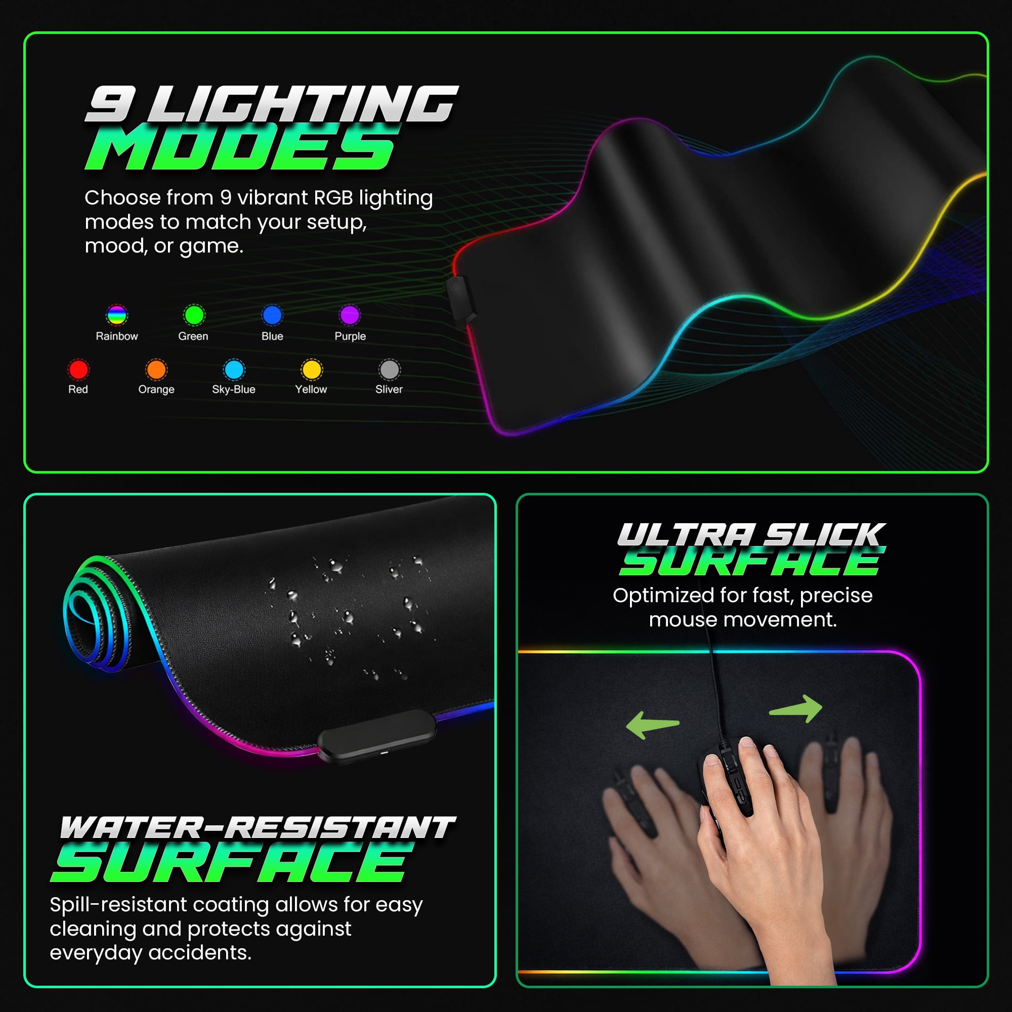 Lumen8 RGB LED Gaming Desk Mouse Pad, 11.8 x 31.5 in, USB Powered with Braided Micro USB Cable, Water-Resistant