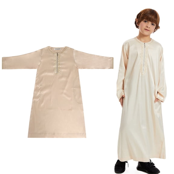 Kaftan Thobe for Boy Casual Long Sleeves Gown Crew Neck Boys Robe Beige Thobe 7-8 Years
