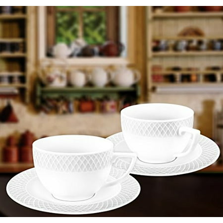 Wilmax WL-880105, 8 oz. Julia Collection White Porcelain Tea Cups & Saucers, Classic European Bone China Tea/Coffee Cups with Matching Saucers, Gift Box Set of 12 (6 cups + 6
