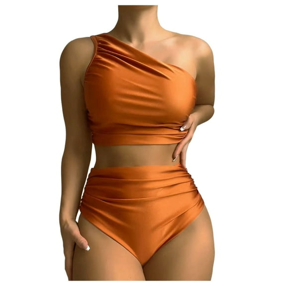 Women's Bikini Set Solid Color Pleated One Shoulder Sleeveless Summer Beach Wear