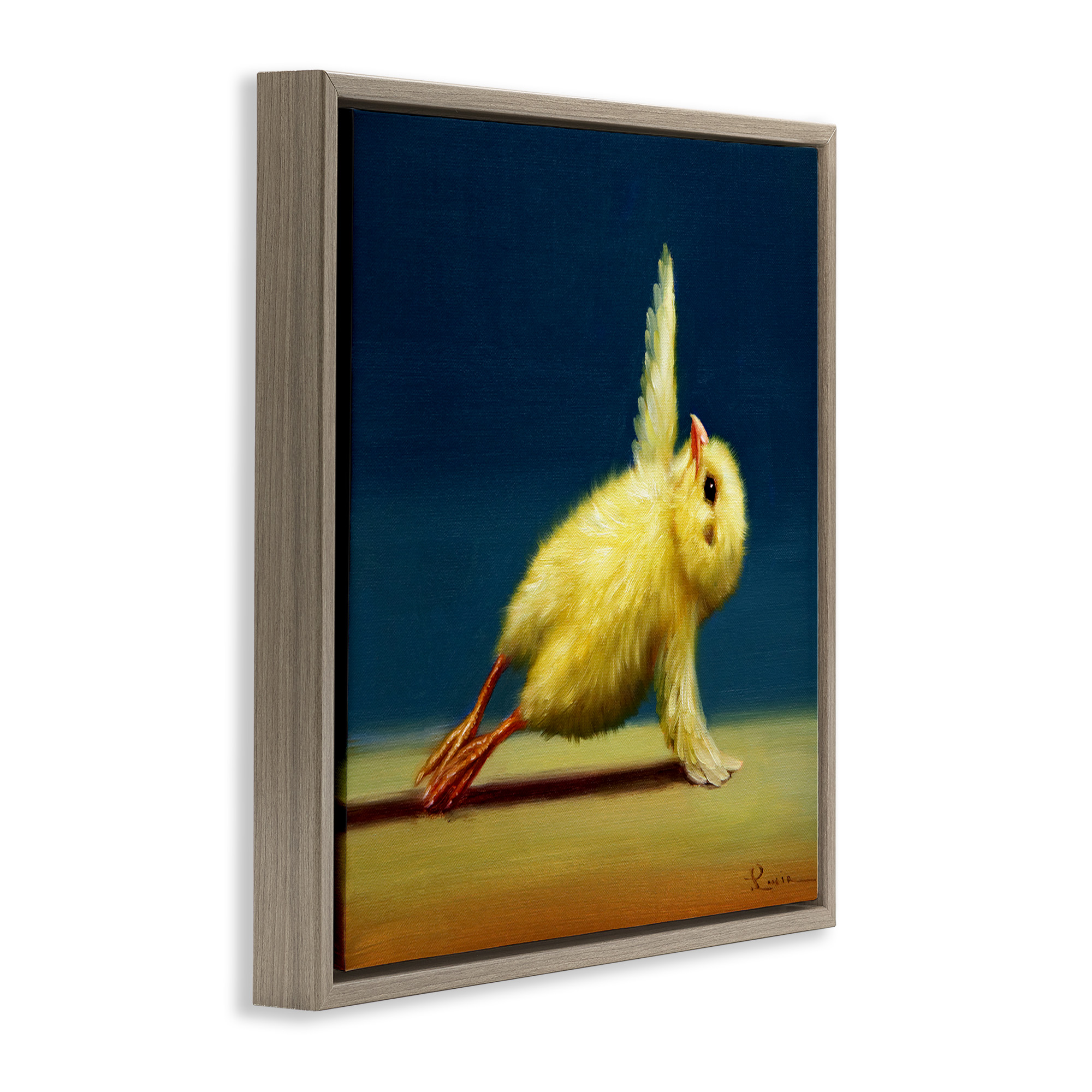 Stupell Industries Yellow Chick Stretching Yoga Animals & Insects Painting Brown Floater Framed Canvas Art Print Wall Art, 25 x 25