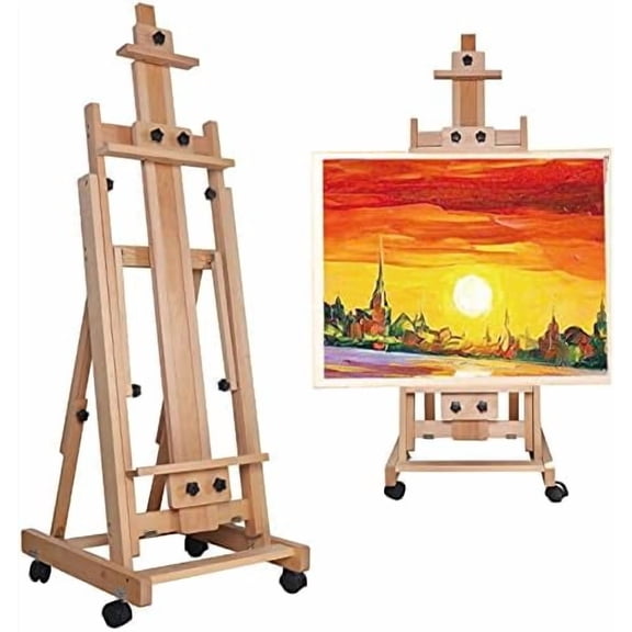 Portable Collapsible H-Frame Easel 56" to 91" H, Solid Beech Wood Large Artist Painting Easel, Tilts Flat Movable Floor Stand with 4 Wheels, Wooden Art Easel for Painting Canvas$$Office