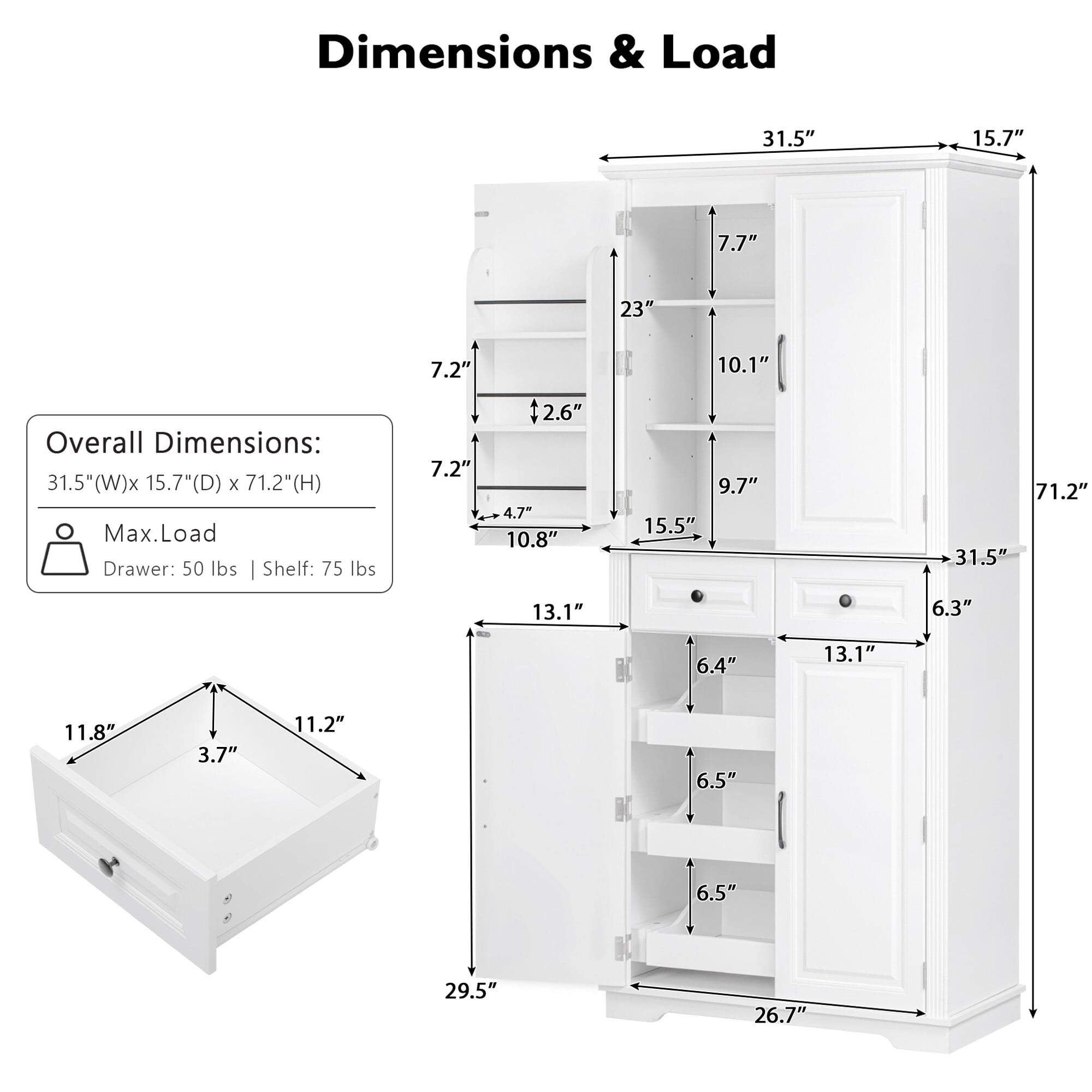Howcool 71" Tall Kitchen Pantry Cabinet with 3 Pull-Out Organizers, 6 Door Shelves, 2 Drawers, Farmhouse Embossed Texture, Freestanding Storage for Kitchen & Dining Room