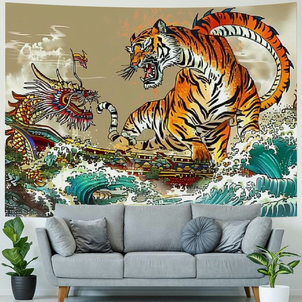 Tapisserie Murale Japonaise Dragon Tigre 203x152cm - Flanelle, Impression HD, Déco Salon Chambre - 6