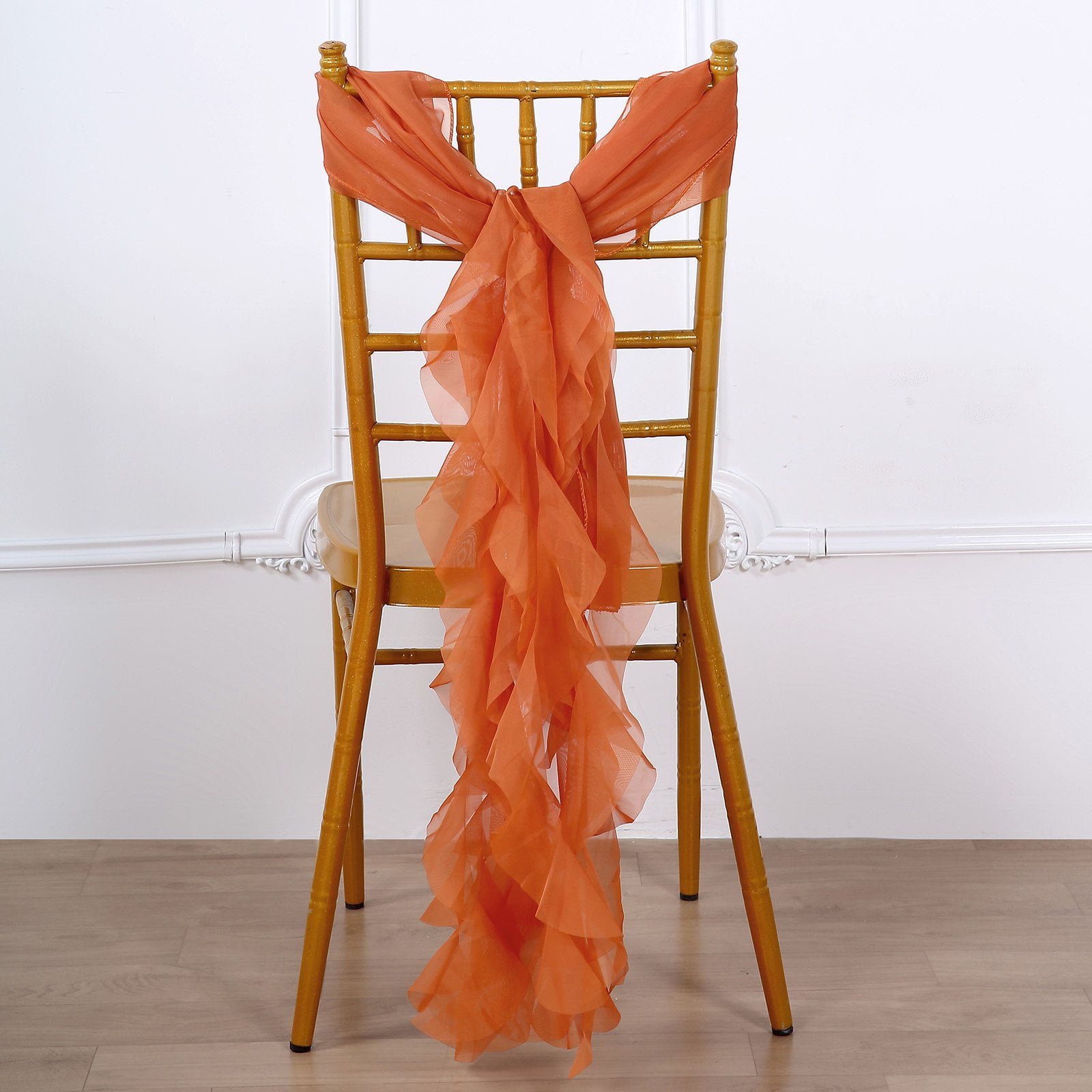 Efavormart 1 Set Burnt Orange Chiffon Hoods With Ruffles Willow Chiffon Chair Sashes for Wedding Banquet Party Supplies Decoration Chair Cover Sash Band Reception