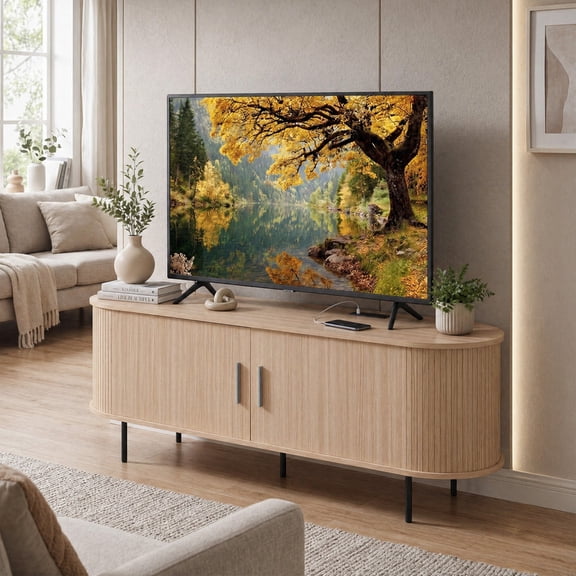 LIVIZA 55" Fluted TV Stand for TVs up to 60", Mid Century Curved Entertainment Center, Natural