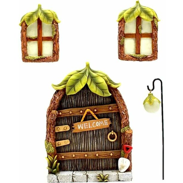 Ventana y puerta de casa en miniatura, decoraciones de árboles de hadas en miniatura, puertas de árboles de decoración de hadas, estatua de árbol al aire libre con linterna de hadas, para accesorios