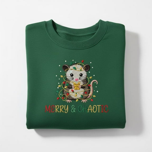 Merry and Chaotic Opossum Embroidered Sweatshirt, Christmas Lights Possum Shirt, Funny Holiday Animal Crewneck Gift