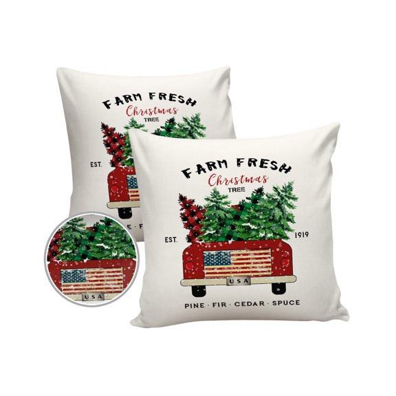 Pack of 2 Outdoor Pillow Covers, Christmas Red Truck Carry Farm Xmas Tree Waterproof Square Throw Pillowcase Cushion Decorative Pillow Covers for Couch Patio Tent, 16x16 in
