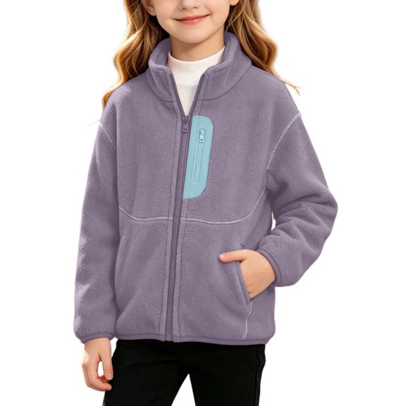 Girls Fleece Jacket Sherpa Fall Winter Full Zip Fuzzy Coat Warm Stand Collar Long Sleeve Thermal Outerwear with Pockets for Cold Weather, Age 3-15 Years