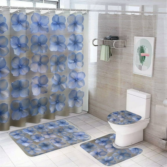 Flowers Bright Blue 4 Pcs Bathroom Shower Curtain Set, Bathroom Sets with Rugs (Bath Mat, U Shape and Toilet Lid Cover Mat) and 12 Hooks,