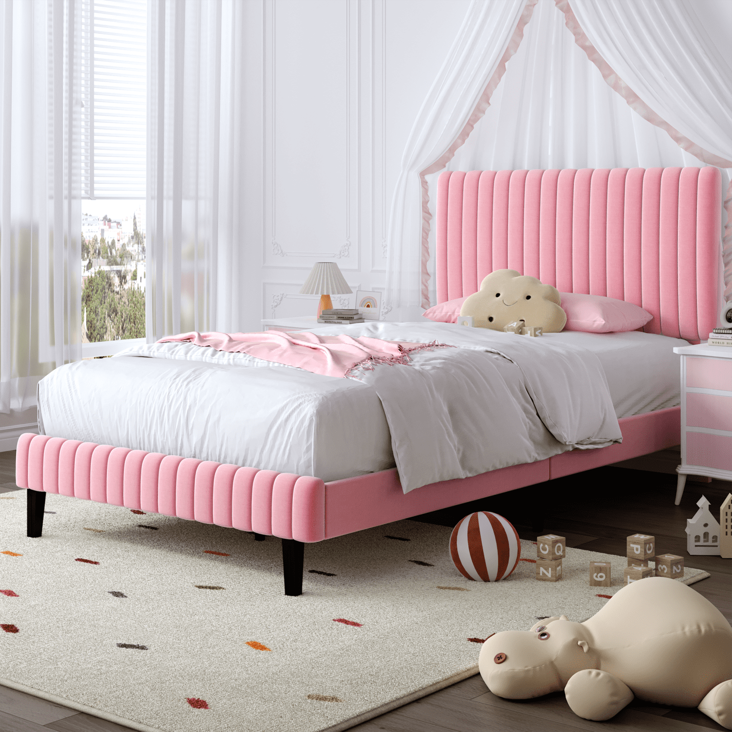 4 Ever Winner Twin Upholstered Platform Bed Frame with Vertical Channel Tufted Headboard, Pink