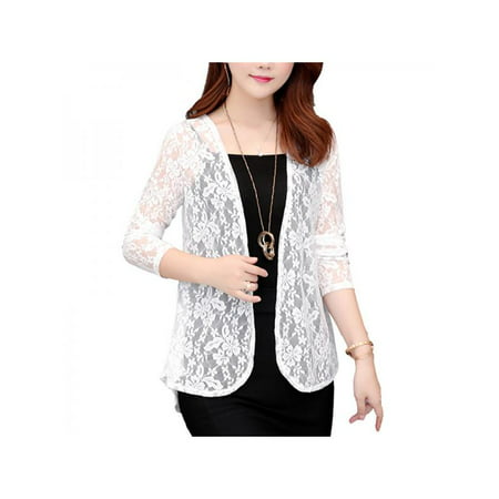 Topumt Women Summer Lace Sheer Open Front Cardigan Jacket Formal Suit Short Cover Up Tops (Best Coat To Wear Over A Suit)