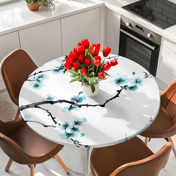 Vintage Teal Floral Elastic Fitted Round Tablecloth Watercolor Waterproof Outdoor Table Cover for Holiday Party, Picnic, Patio & Dining Fits Tables Up to 36"-44"