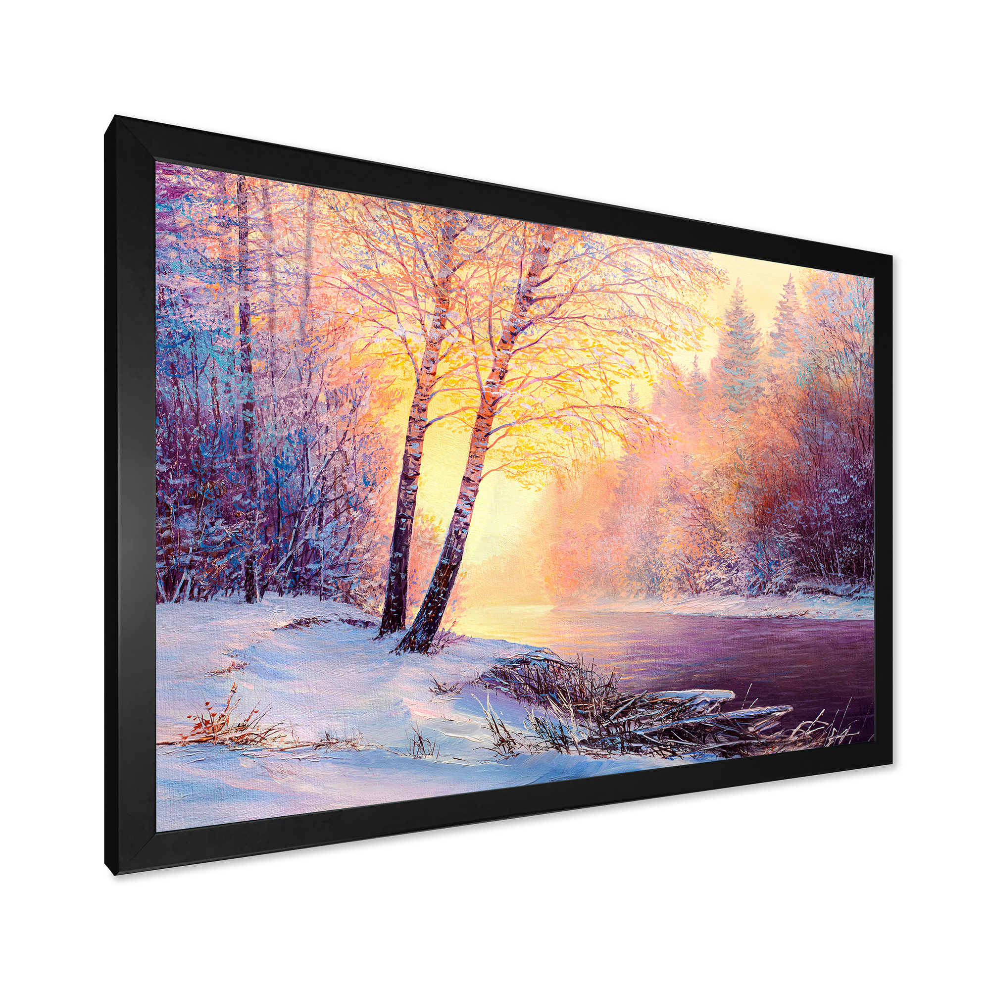 Bridge Of Meandering River With Winter Scenery II 32 in x 16 in Framed Painting Canvas Art Print, by Designart