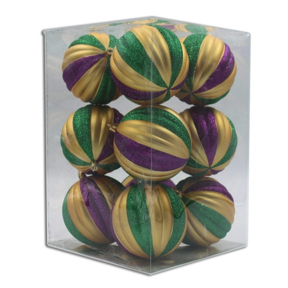 12 Pack Green, Gold and Purple Assorted Ball Ornaments