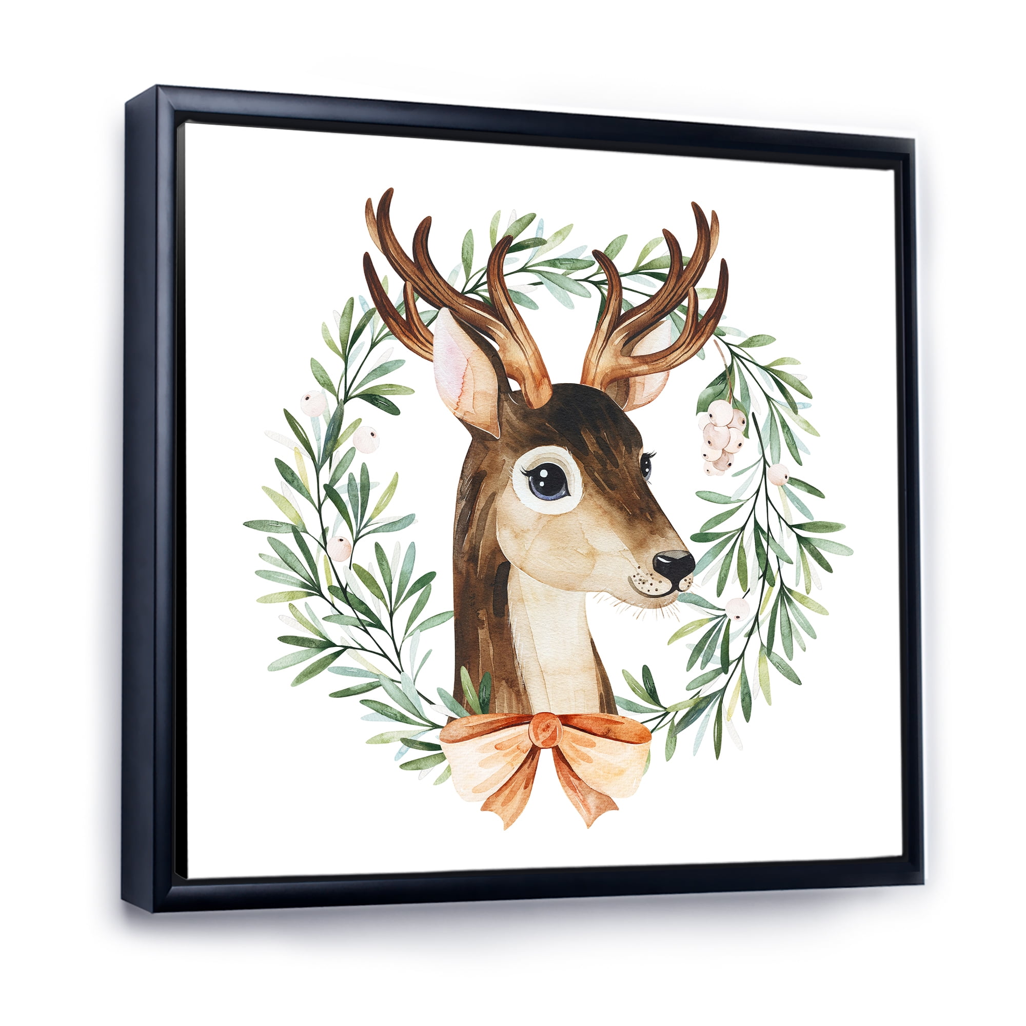 Designart 'Floral Wreath Isolated On White Over Deer' Farmhouse Framed Canvas Wall Art Print