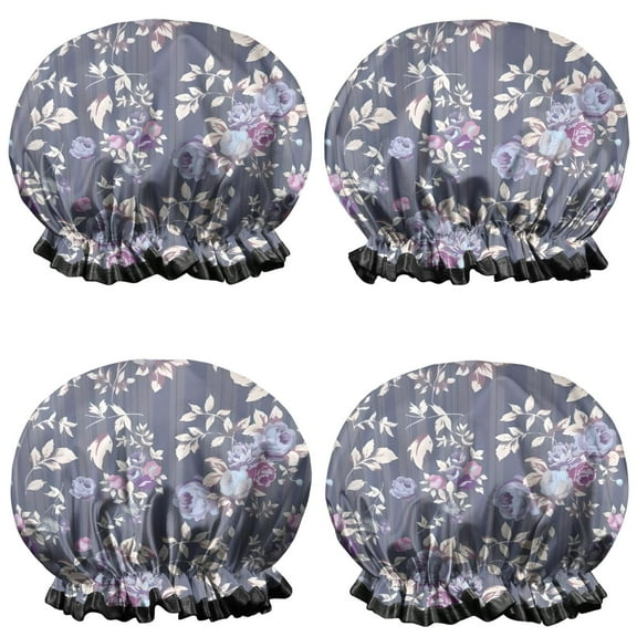 Shower Caps,Pioneer Flower Floral Print Pattern Waterproof Shower Cap for Women 4 Pieces,Double Reusable Hair Cover for Shower PEVA Elastic Stretch Hem