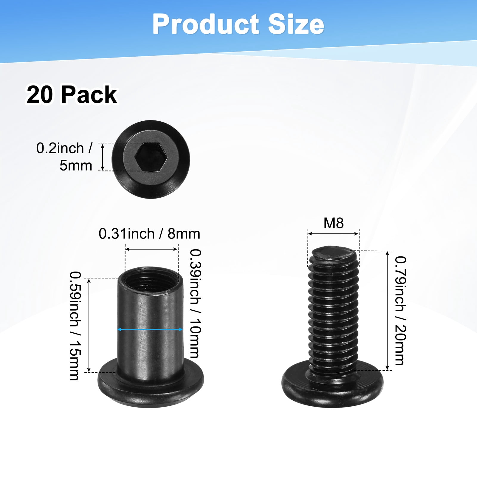 Uxcell 20-Pack Hex Drive Socket Cap Bolt M8 x 20mm Carbon Steel for Furniture