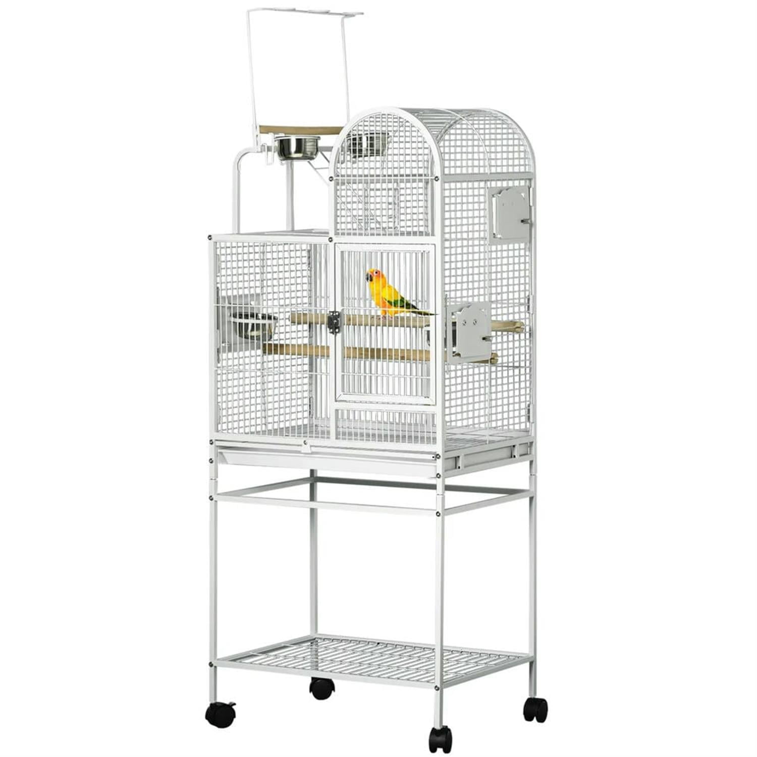 Kadyn 64" Height Large Flight Cage, Bird Cage with Rolling Stand, Hooks Above, Perch, Tray, Food Cups for Parrots Conures Lovebird Cockatiel Parakeets, White