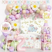 Tea for Two Party Decorations, 129 PCs - Tea Party 2nd Birthday Party Supplies with Teapot Backdrop, Balloon Garland, Floral Garden Tablecloth, Cake Topper, Butterflies
