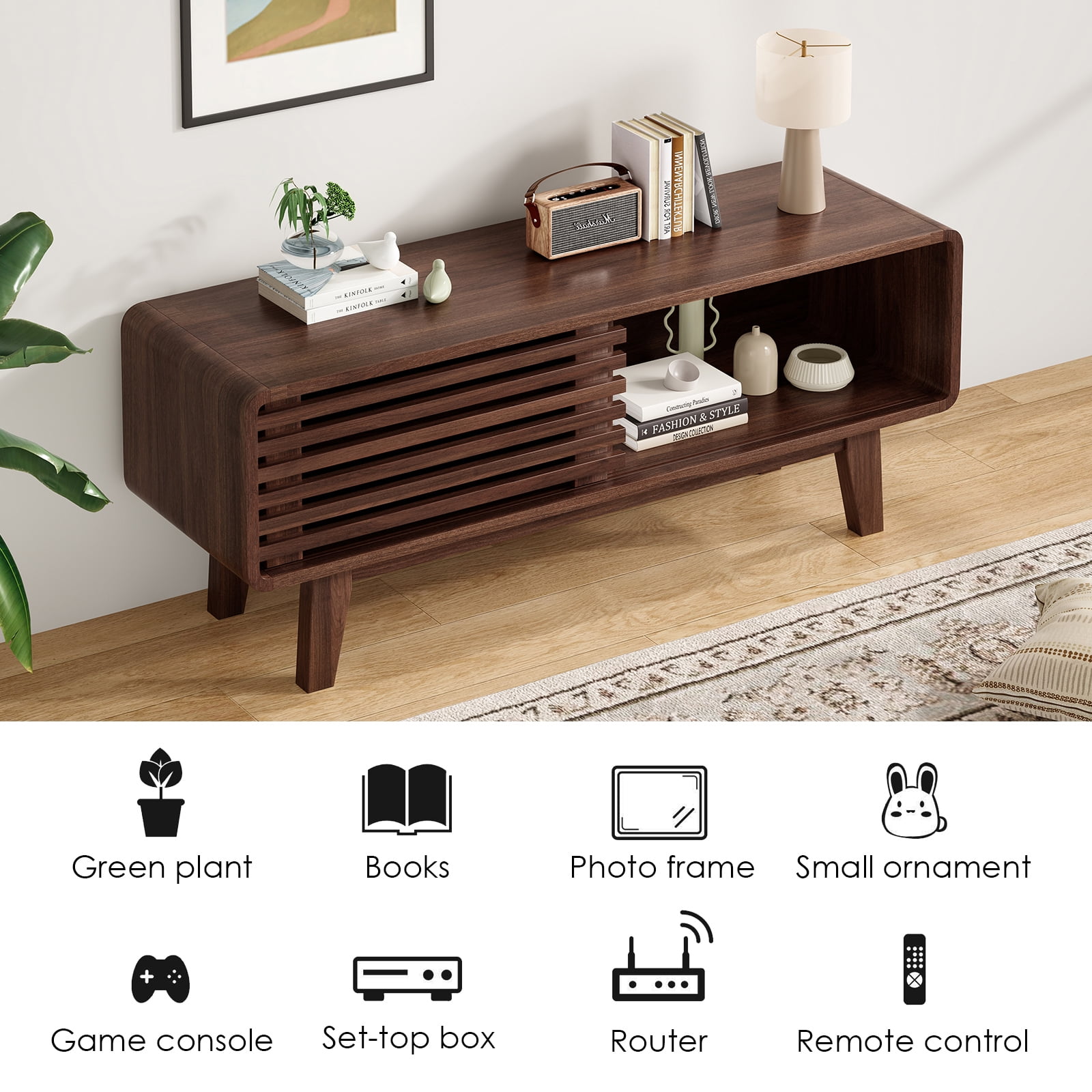 Hommoo Mid Century Modern TV Stands up to 59", Wooden Home Entertainment Center TV Console Cabinet with Sliding Tambour Door, Walnut