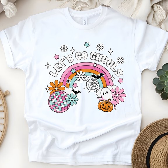 Let’s Go Ghouls T-Shirt | Cute Pastel Ghost & Rainbow Graphic Tee, White, Size S