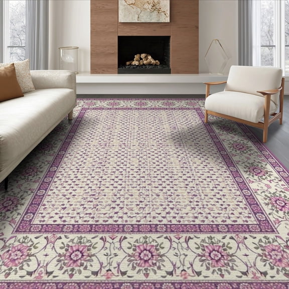 ODIKA 8'x10' Washable Area Rug Non-Slip Chair-Friendly Mat Purple Fuzzy Vintage Pressed Trellis Grid Round Classroom Flower for Dining Room, Large Office, Lounge