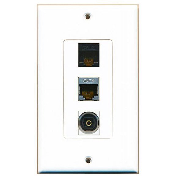 RiteAV - 1 Port Shielded Cat6 Ethernet and 1 Port Toslink and 1 Port Cat6 Ethernet Black Decorative Wall Plate Decorative