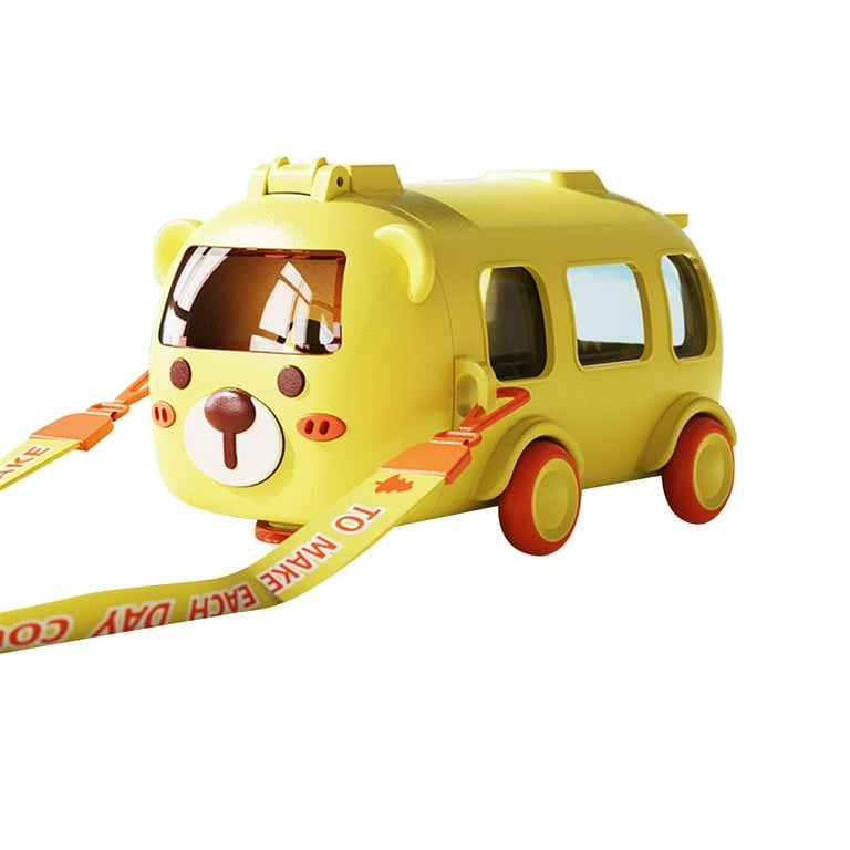 17oz Cute Cartoon Bus Water Bottle With Straw - Removable Toy, Adjustable Shoulder Strap, Leak-Proof (Pink)