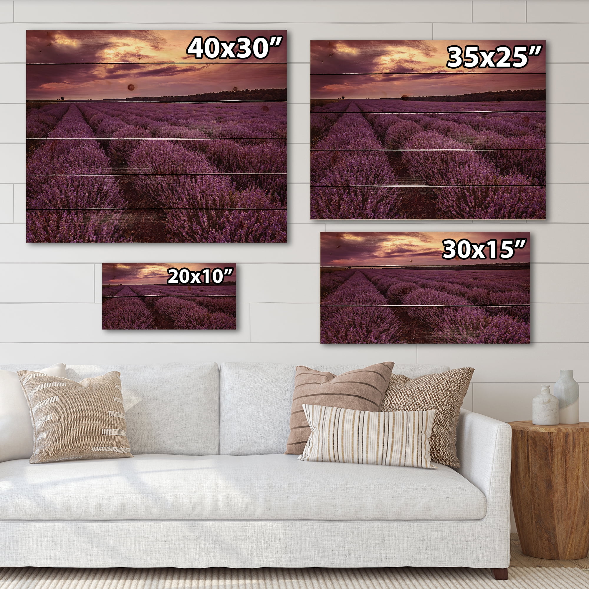 Designart 'Dramatic Clouds and Sunrise Over Lavender Field III' Farmhouse Print on Natural Pine Wood