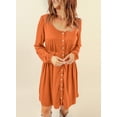 thumbnail image 2 of Asyoly Womens Dresses Long Sleeve A Line Dress Pleated Button Swing Mini Dress Solid Crewneck Elastic Waist Short Dress with Pocket, 2 of 7
